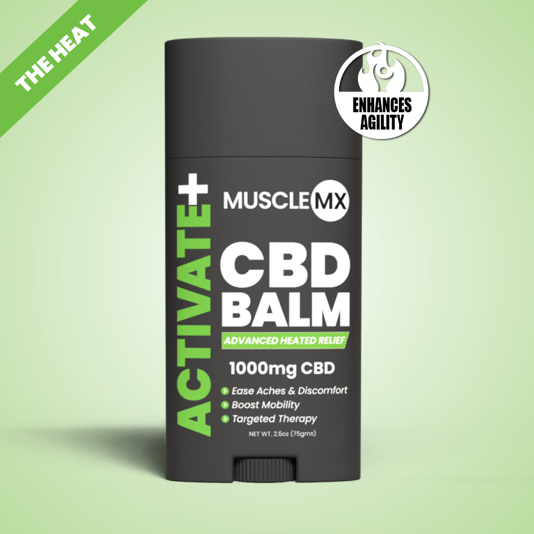 A stick of Activate CBD Balm with 1000mg CBD, primarily black with green and white text and accents, indicating it warms up muscles and relieves soreness.