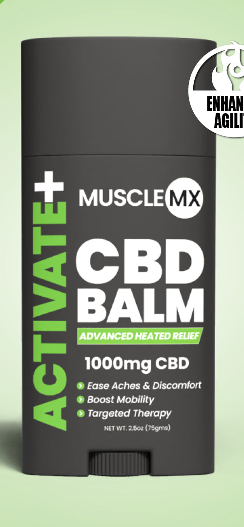 A stick of Activate CBD Balm with 1000mg CBD, primarily black with green and white text and accents, indicating it warms up muscles and relieves soreness.