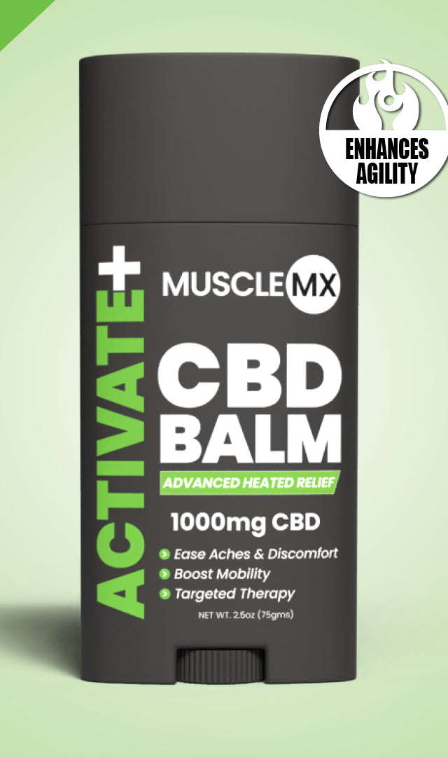 A stick of Activate CBD Balm with 1000mg CBD, primarily black with green and white text and accents, indicating it warms up muscles and relieves soreness.