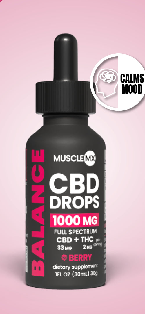 A bottle of MuscleMX Balance CBD Drops with a dropper, labeled as having 1000 mg full spectrum CBD and 2mg THC