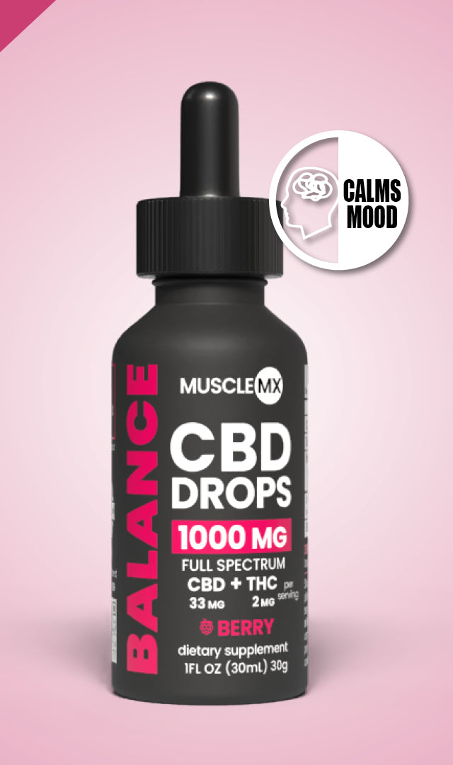 A bottle of MuscleMX Balance CBD Drops with a dropper, labeled as having 1000 mg full spectrum CBD and 2mg THC