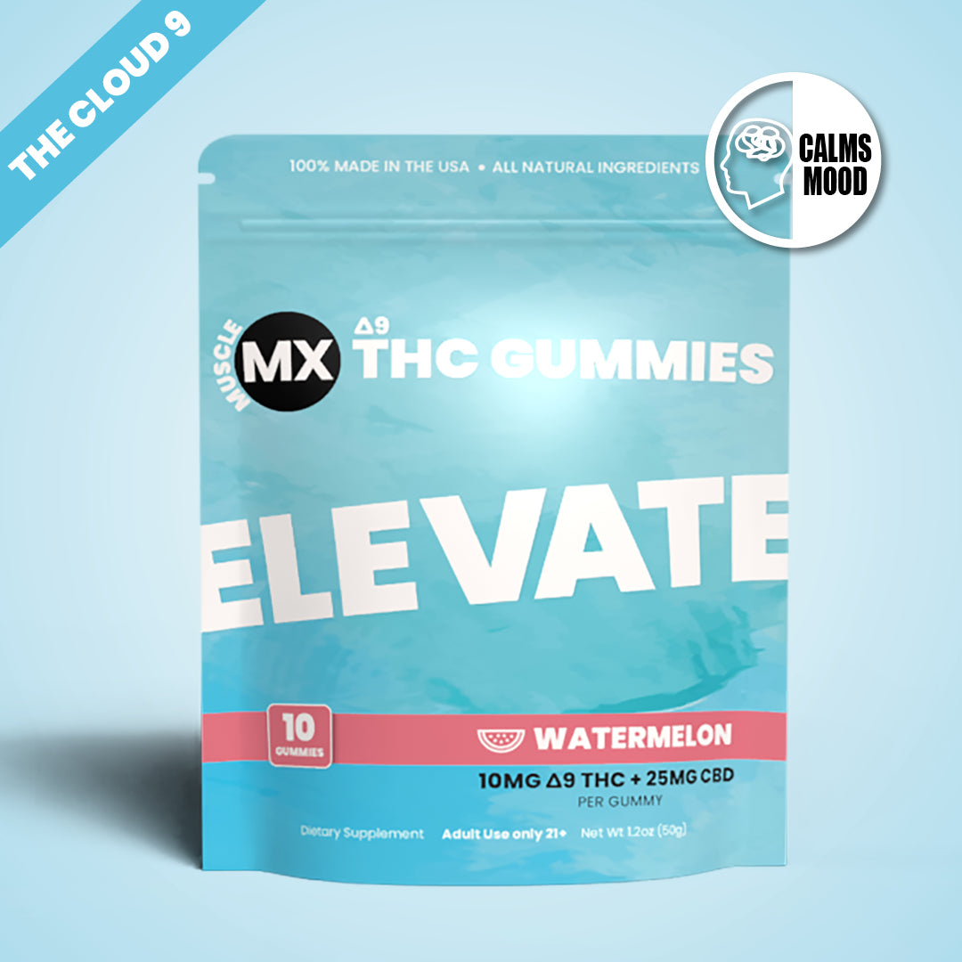 A package of Muscle MX Elevate Delta 9 THC Gummies in watermelon flavor with a strength of 10mg Delta-9 THC and 25mg CBD.