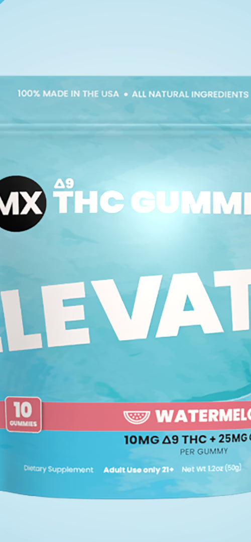 A package of Muscle MX Elevate Delta 9 THC Gummies in watermelon flavor with a strength of 10mg Delta-9 THC and 25mg CBD.