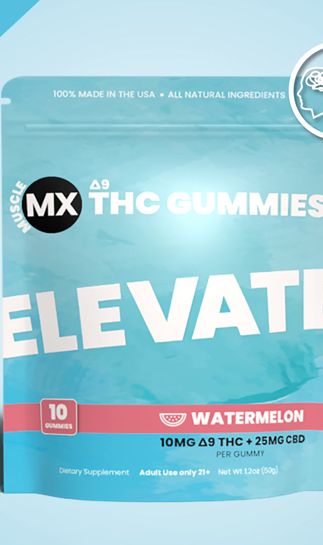 A package of Muscle MX Elevate Delta 9 THC Gummies in watermelon flavor with a strength of 10mg Delta-9 THC and 25mg CBD.