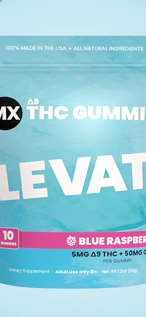 A package of Elevate Delta 9 THC Gummies with blue raspberry flavor, 5mg strength, branded by Muscle MX.