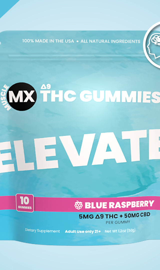 A package of Elevate Delta 9 THC Gummies with blue raspberry flavor, 5mg strength, branded by Muscle MX.