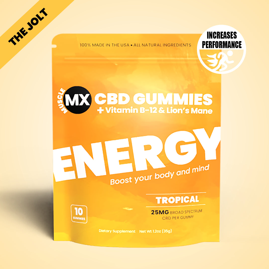 A package of Muscle MX CBD Gummies with Vitamin B-12 & Lion's Mane, labeled as 'ENERGY' with a tropical flavor, containing 25mg CBD per gummy and 10 gummies per package.