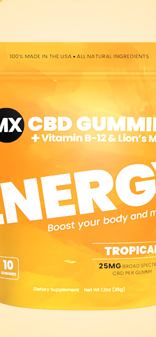 A package of Muscle MX CBD Gummies with Vitamin B-12 & Lion's Mane, labeled as 'ENERGY' with a tropical flavor, containing 25mg CBD per gummy and 10 gummies per package.