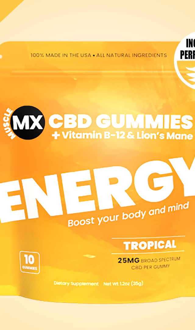 A package of Muscle MX CBD Gummies with Vitamin B-12 & Lion's Mane, labeled as 'ENERGY' with a tropical flavor, containing 25mg CBD per gummy and 10 gummies per package.