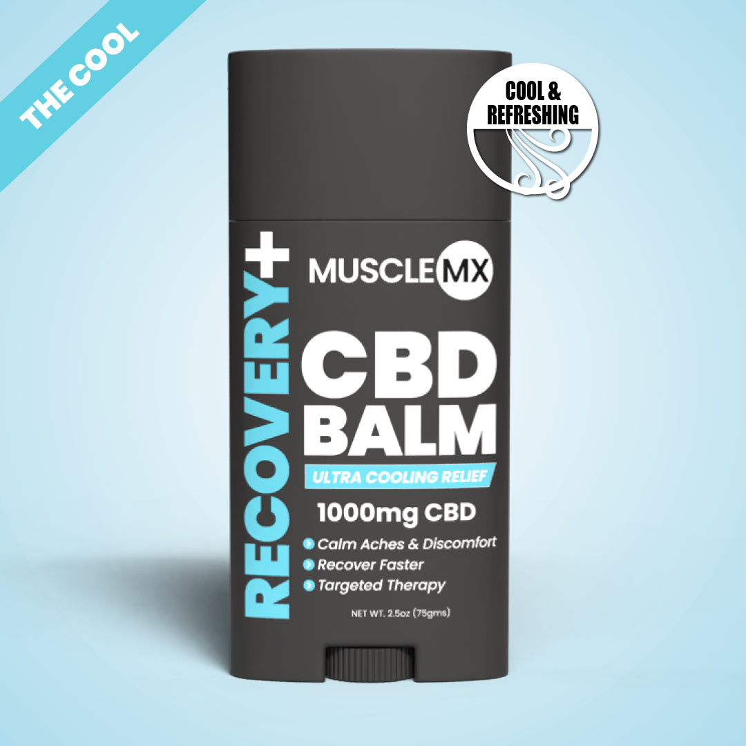 A stick of Muscle MX RECOVERY+ CBD Balm with 1000mg CBD, designed for soothing achy muscles and joints.