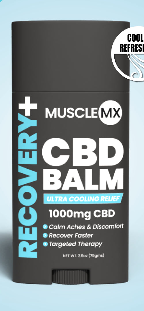 A stick of Muscle MX RECOVERY+ CBD Balm with 1000mg CBD, designed for soothing achy muscles and joints.