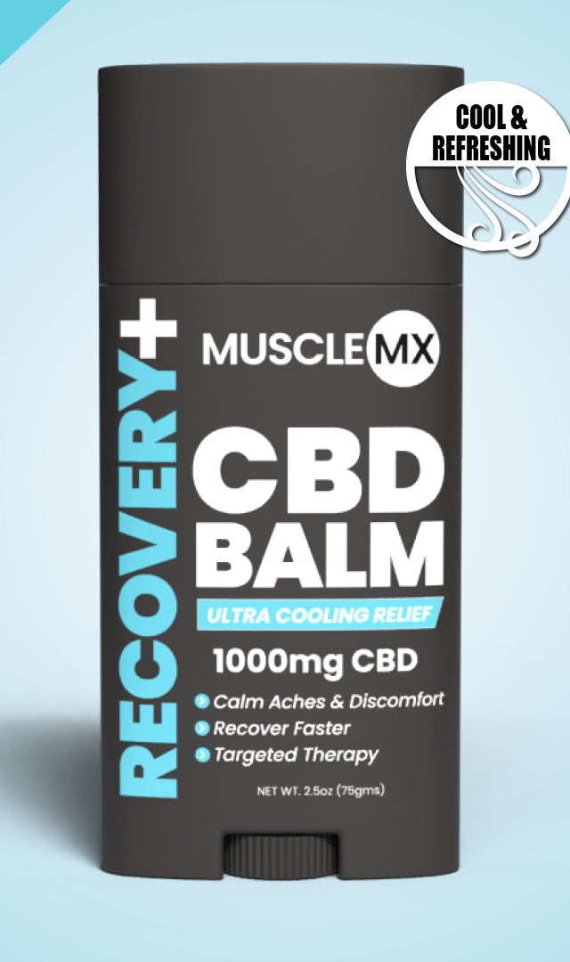 A stick of Muscle MX RECOVERY+ CBD Balm with 1000mg CBD, designed for soothing achy muscles and joints.