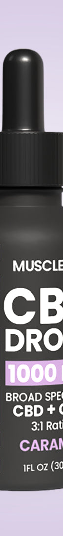 A bottle of MuscleMX Relax CBD Drops with a dropper, labeled 1000 mg Broad Spectrum CBD, flavor is caramel.