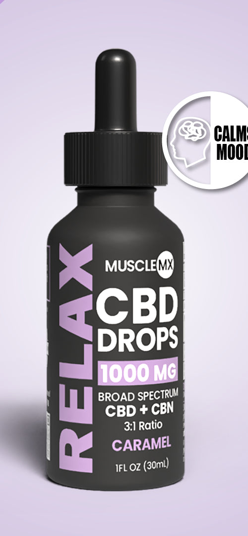 A bottle of MuscleMX Relax CBD Drops with a dropper, labeled 1000 mg Broad Spectrum CBD, flavor is caramel.