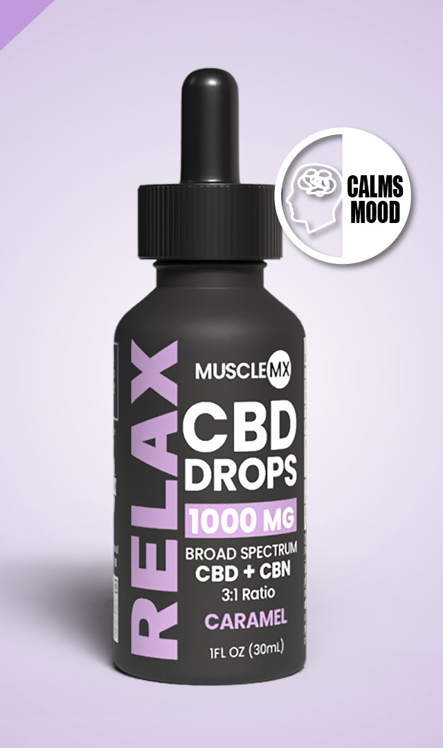 A bottle of MuscleMX Relax CBD Drops with a dropper, labeled 1000 mg Broad Spectrum CBD, flavor is caramel.