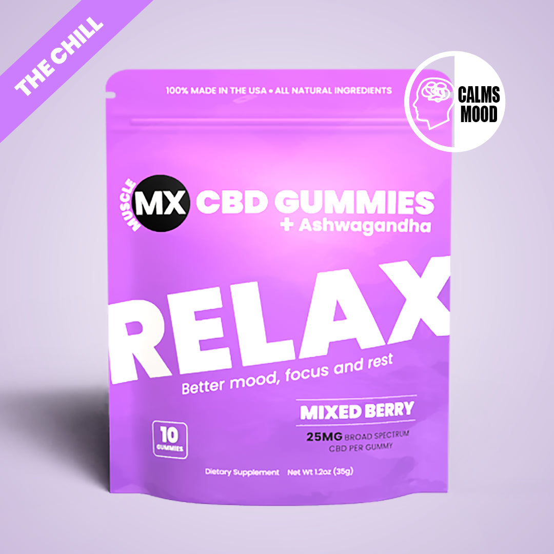 A package of Muscle MX CBD Gummies with Ashwagandha in a mixed berry flavor, emphasizing relaxation and stress relief.