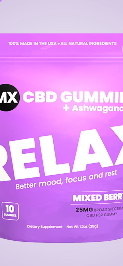 A package of Muscle MX CBD Gummies with Ashwagandha in a mixed berry flavor, emphasizing relaxation and stress relief.