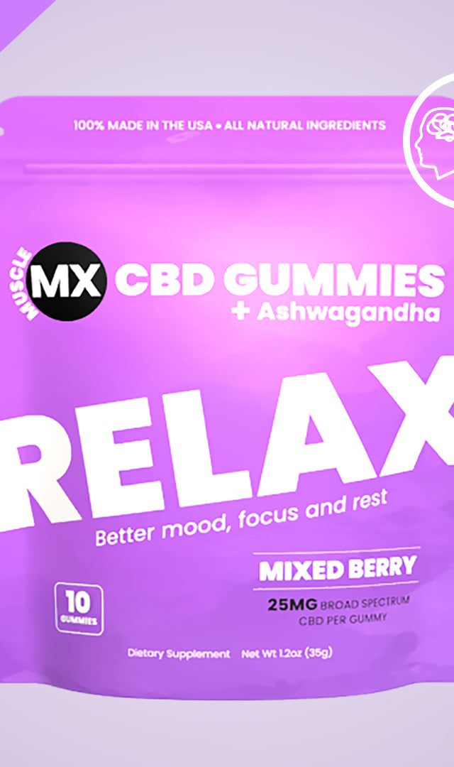 A package of Muscle MX CBD Gummies with Ashwagandha in a mixed berry flavor, emphasizing relaxation and stress relief.