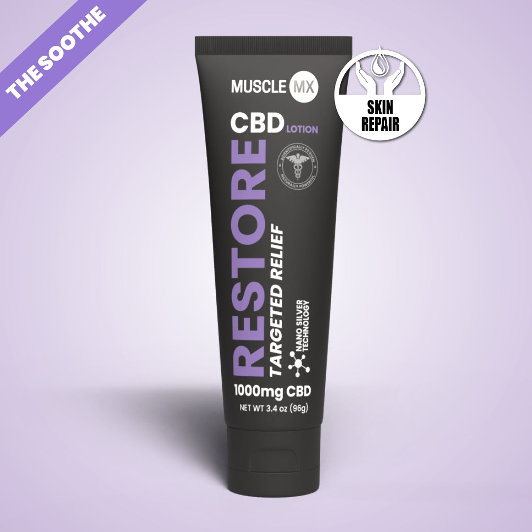 A tube of Restore CBD Lotion with 1000mg CBD, marketed for skin repair and targeted relief.