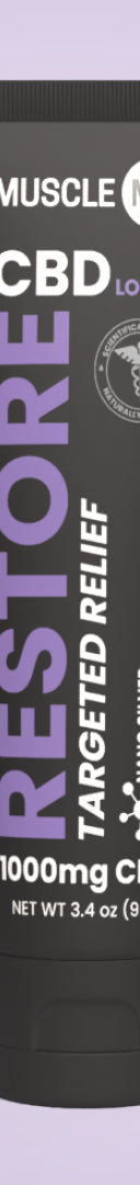 A tube of Restore CBD Lotion with 1000mg CBD, marketed for skin repair and targeted relief.