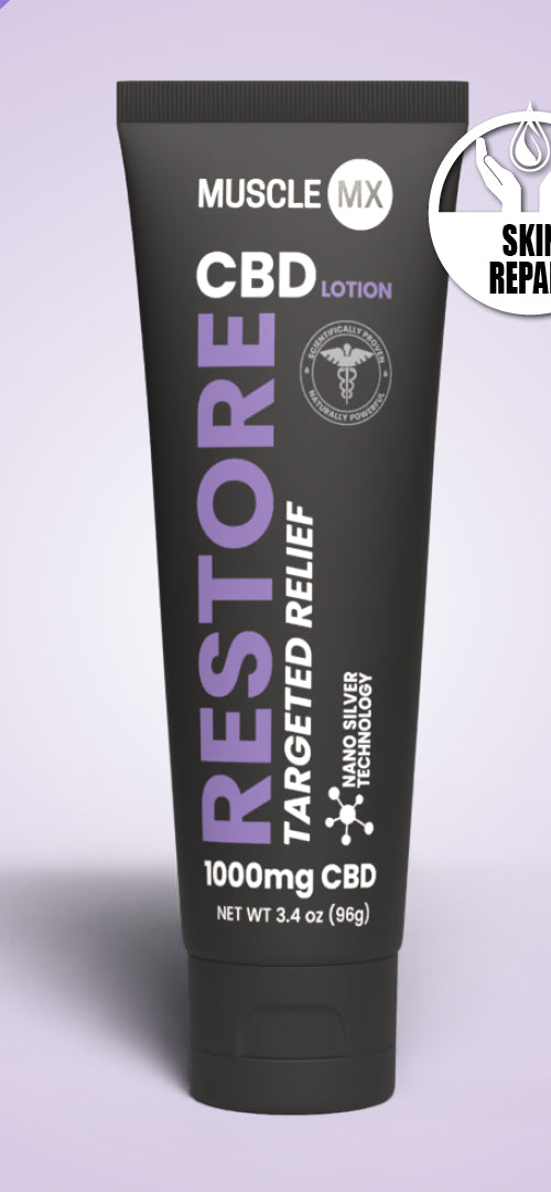 A tube of Restore CBD Lotion with 1000mg CBD, marketed for skin repair and targeted relief.