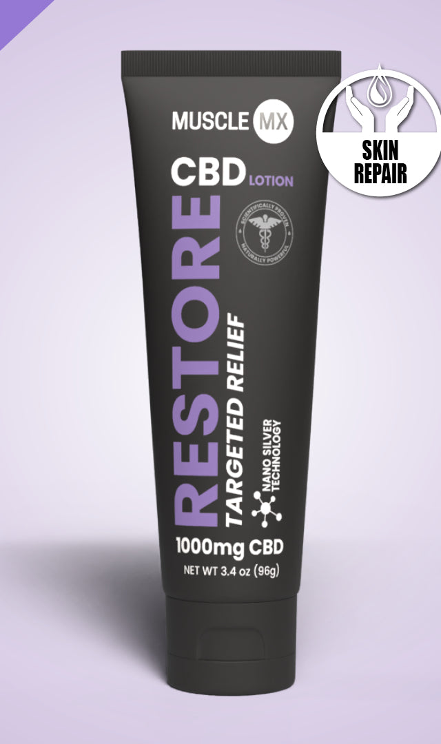 A tube of Restore CBD Lotion with 1000mg CBD, marketed for skin repair and targeted relief.