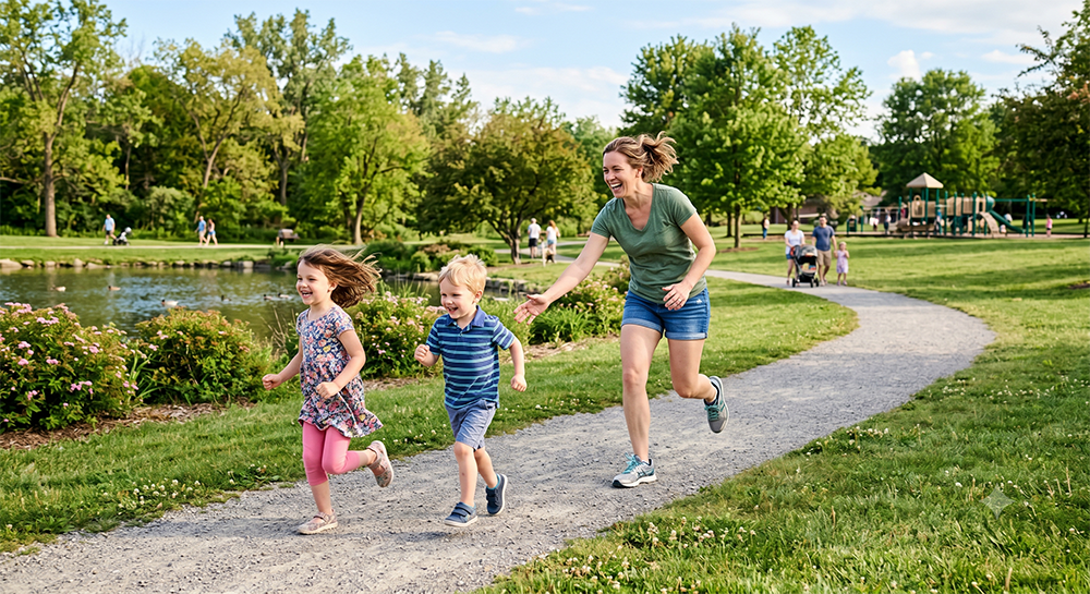 Active mom chasing kids