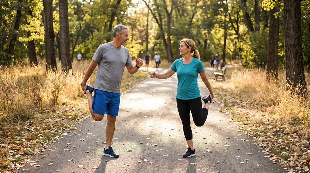 couple stretching after applying topical for better mobility