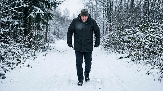 man walking in snow with body stiffness