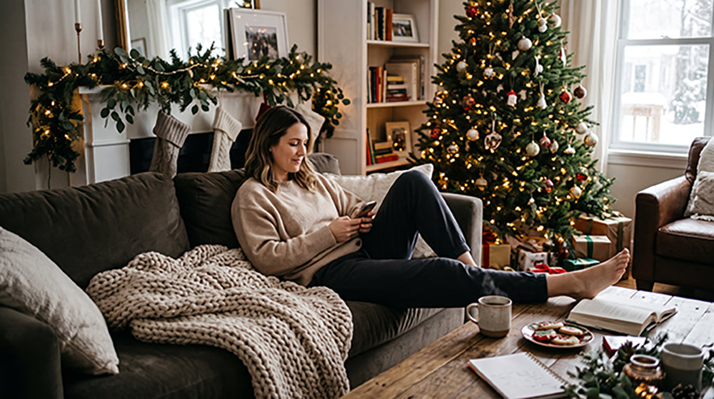 woman relaxing on couch during the holidays