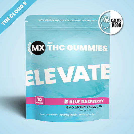 A package of Elevate Delta 9 THC Gummies with blue raspberry flavor, 5mg strength, branded by Muscle MX.