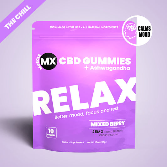 A package of Muscle MX CBD Gummies with Ashwagandha in a mixed berry flavor, emphasizing relaxation and stress relief.
